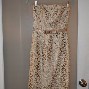 Cache Strapless Gold Midi Embroidered Dress